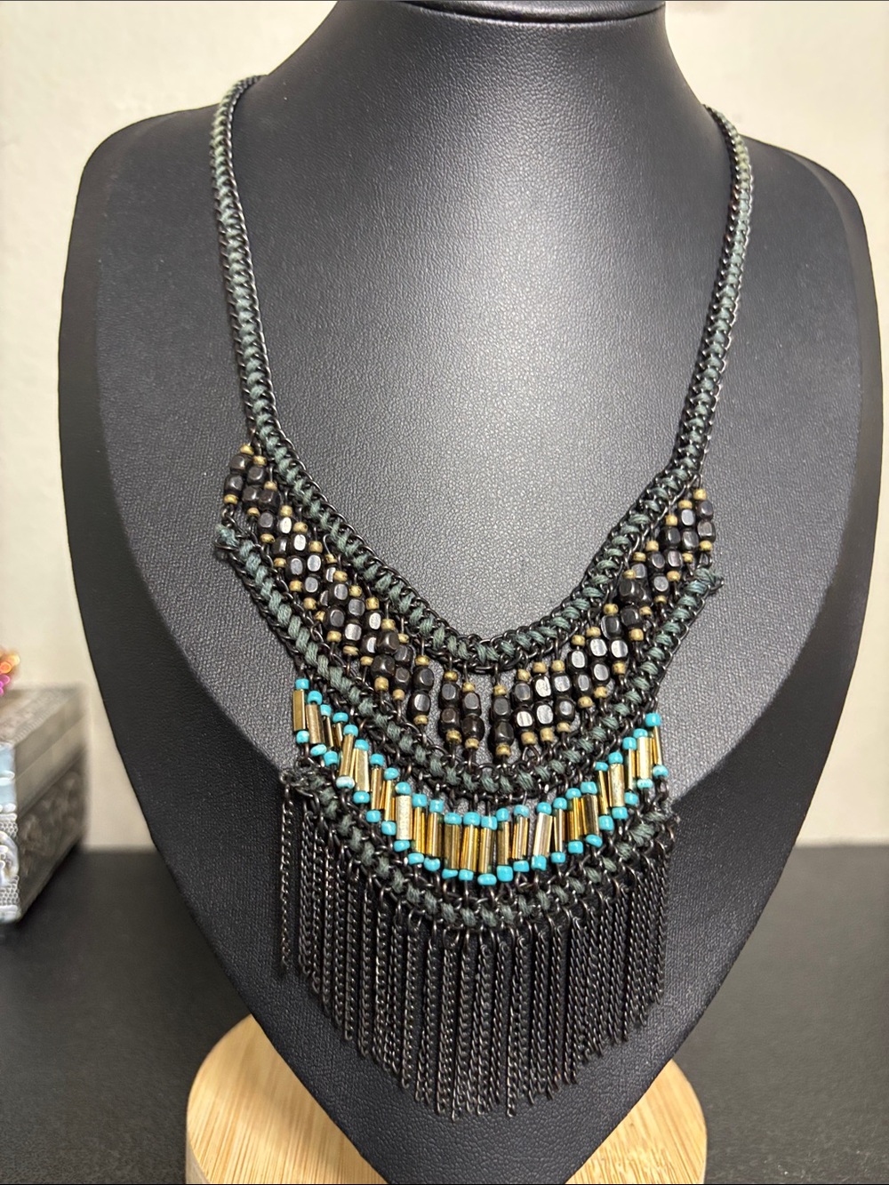 Boho Fringed Beaded Statement Necklace in Black & Turquoise